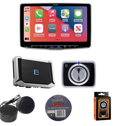 Alpine ILX-F509+X-A90V+RUX-H02 CarPlay/Android Auto Receiver with 900W 5-CH Amp, and Volume/Bass Knob