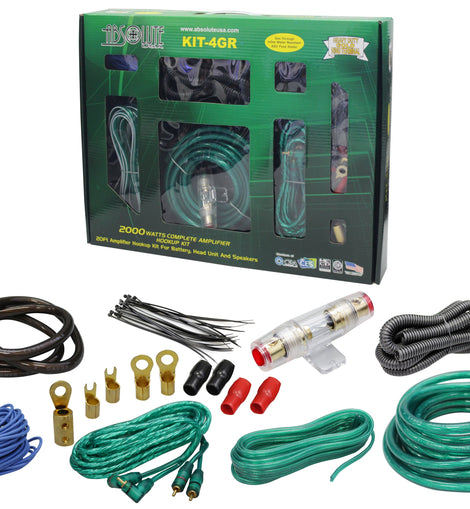 Absolute KIT4GR Complete PRO Marine Auto Car RV 4 Gauge 2000 Watts Amplifier Complete Installation Amp Kit Power Wiring with Green Accent Color Scheme