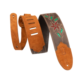 Levy's Leathers M4FV-DBR_RED Brown Leather Red Flowers and Green Leaves Guitar Strap