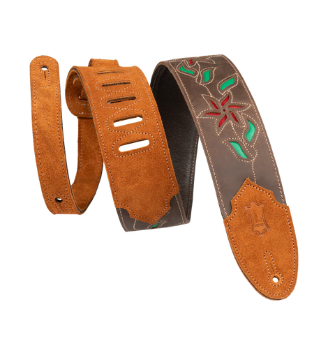 Levy's Leathers M4FV-DBR_RED Brown Leather Red Flowers and Green Leaves Guitar Strap