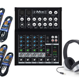 Mackie Mix8 8-Channel Compact Mixer Bundle with MR DJ Headphones, Two 1/4" TRS Cables &  XLR Cables