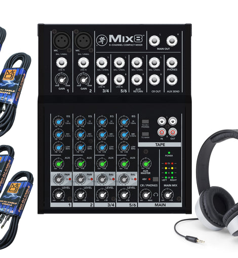 Mackie Mix8 8-Channel Compact Mixer Bundle with MR DJ Headphones, Two 1/4