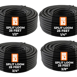 MR DJ 4-Pack 1/4", 3/8", 1/2", 3/4" x 25 Feet Each Split Wire Loom Convoluted Tubing