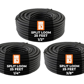 MR DJ 3-Pack 1/4", 3/8", 1/2" x 25 Feet Each Split Wire Loom Convoluted Tubing