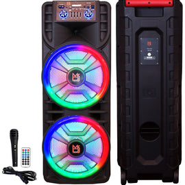 MR DJ NEWYORK+ 12" X 2 Rechargeable Portable Bluetooth Karaoke Speaker with Party Flame Lights Microphone TWS USB FM Radio + 7-LED Moving Head DJ Light