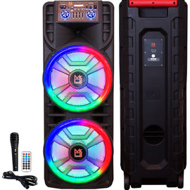 MR DJ NEWYORK+ 12" X 2 Rechargeable Portable Bluetooth Karaoke Speaker with Party Flame Lights Microphone TWS USB FM Radio + 54-LED Slim Par Wash DJ Light