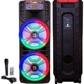 MR DJ NEWYORK+ 12" X 2 Rechargeable Portable Bluetooth Karaoke Speaker with Party Flame Lights Microphone TWS USB FM Radio + 54-LED Slim Par Wash DJ Light