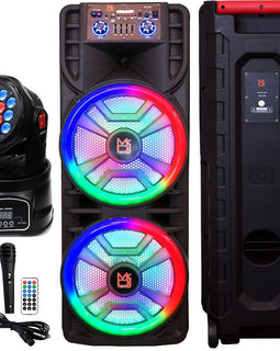 MR DJ NEWYORK+ 12" X 2 Rechargeable Portable Bluetooth Karaoke Speaker with Party Flame Lights Microphone TWS USB FM Radio + 18-LED Moving Head DJ Light