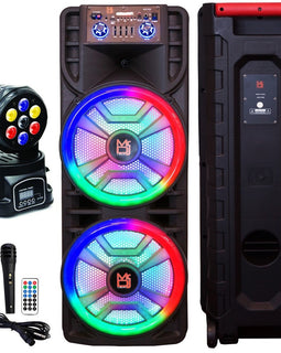 MR DJ NEWYORK+ 12" X 2 Rechargeable Portable Bluetooth Karaoke Speaker with Party Flame Lights Microphone TWS USB FM Radio + 7-LED Moving Head DJ Light