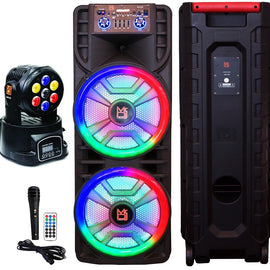 MR DJ NEWYORK+ 12" X 2 Rechargeable Portable Bluetooth Karaoke Speaker with Party Flame Lights Microphone TWS USB FM Radio + 7-LED Moving Head DJ Light