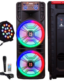 MR DJ NEWYORK+ 12" X 2 Rechargeable Portable Bluetooth Karaoke Speaker with Party Flame Lights Microphone TWS USB FM Radio + 18-LED Slim Par Wash DJ Light