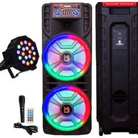 MR DJ NEWYORK+ 12" X 2 Rechargeable Portable Bluetooth Karaoke Speaker with Party Flame Lights Microphone TWS USB FM Radio + 18-LED Slim Par Wash DJ Light