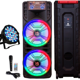 MR DJ NEWYORK+ 12" X 2 Rechargeable Portable Bluetooth Karaoke Speaker with Party Flame Lights Microphone TWS USB FM Radio + 54-LED Slim Par Wash DJ Light