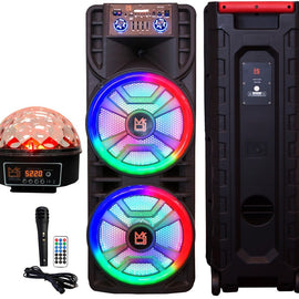 MR DJ NEWYORK+ 12" X 2 Rechargeable Portable Bluetooth Karaoke Speaker with Party Flame Lights Microphone TWS USB FM Radio + LED Crystal Magic Ball