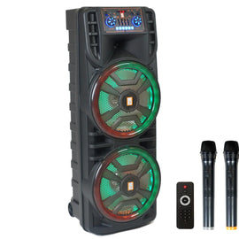 MR DJ NEWYORK 2.0 Dual 12” Rechargeable Bluetooth Party Speaker, 4000W Portable PA System with Flame LED Lights, 2 Wireless Microphones, TWS Stereo, USB, FM Radio