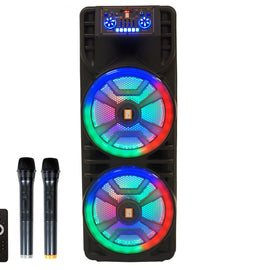 MR DJ NEWYORK 2.0 Dual 12” Rechargeable Bluetooth Party Speaker, 4000W Portable PA System with Flame LED Lights, 2 Wireless Microphones, TWS Stereo, USB, FM Radio
