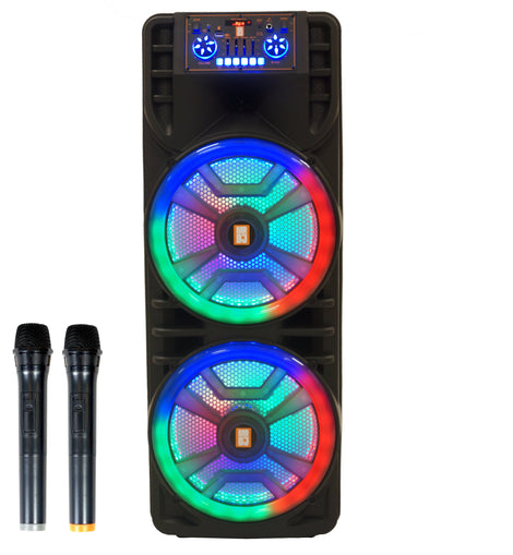 MR DJ NEWYORK 2.0 Dual 12” Rechargeable Bluetooth Party Speaker, 4000W Portable PA System with Flame LED Lights, 2 Wireless Microphones, TWS Stereo, USB, FM Radio