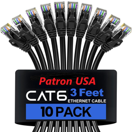 10 Patron Cat6a Ethernet Network Patch Cable RJ45 23AWG 600M Solid Copper Wire 3' Black