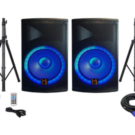 MR DJ PBX4500PKG 15" 2-Way PA DJ 4500W Active Powered Bluetooth Karaoke Speaker LED Lighting & Passive Speaker  + Speaker Stands & Cable