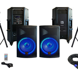 MR DJ PBX4500PKG 15" 2-Way PA DJ 4500W Active Powered Bluetooth Karaoke Speaker LED Lighting & Passive Speaker  + Speaker Stands & Cable