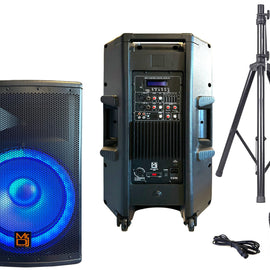 MR DJ PBX4500LED 15" 2-Way PA DJ 4500W Active Powered Bluetooth LED Speaker + Speaker Stand