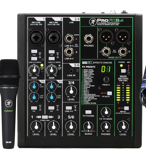 Mackie ProFX6v3 6-Channel Mixer with Built-in Effects and USB + 2 Mackie EM-89D Cardioid Dynamic Vocal Microphone + MR DJ Microphone Cables