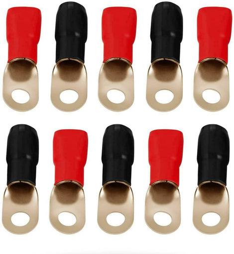 P0GRT10 0 Gauge Gold Ring Terminal 10 Pack 1/0 Gauge Wire Crimp Cable Red Black Boots 5/16