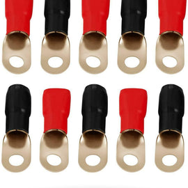 P0GRT10 0 Gauge Gold Ring Terminal 10 Pack 1/0 Gauge Wire Crimp Cable Red Black Boots 5/16