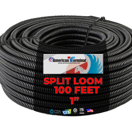 American Terminal New 100' Feet 1 Black Split Loom Wire Flexible Tubing Wire Cover Audio