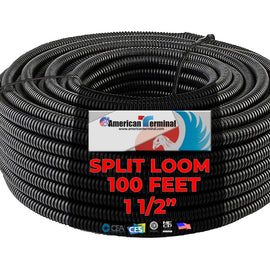 American Terminal 1.5" x 100' Flexible Polyethylene Split Tubing - Black Corrugated Wire Loom