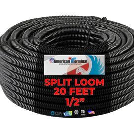 American Terminal  20 Ft. 1/2" Split Wire Loom Conduit Polyethylene Tubing Black Color Sleeve Tube