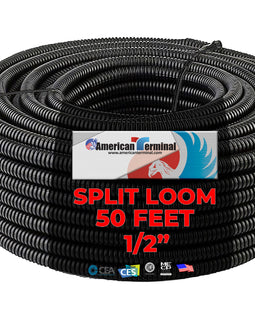 American Terminal SLT12 Black Split Loom 1/2" Diameter 50' Roll