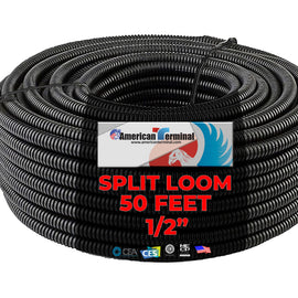 American Terminal SLT12 Black Split Loom 1/2" Diameter 50' Roll