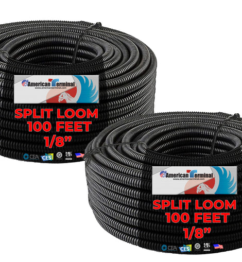 2 American Terminal SL18 High Quality 100' Feet 1/8' Split Loom Wire Tubing Black