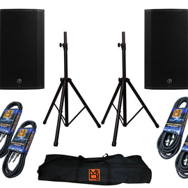 Mackie Thump212 12" Powered Loudspeaker with MR DJ Heavy Duty Aluminum Speaker Stands with 1/4 inch Cables, Carrying Case & 2 XLR Cables Bundle