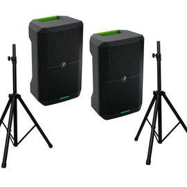 2 Mackie Thump GO 200 watt 8" 2-way Battery-powered portable loudspeaker & MR DJ Speaker Stand