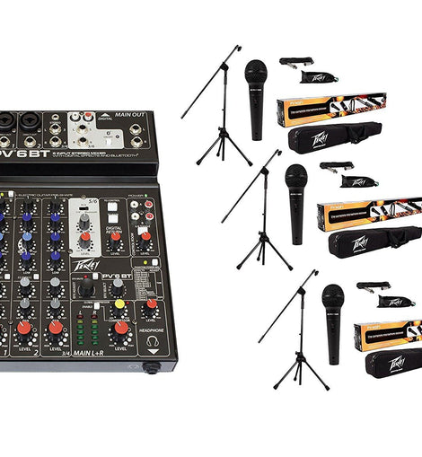 Peavey PV6BT Pro Audio Mixer Bluetooth Effects + 3 MSP-1 XLR Microphone Stand package