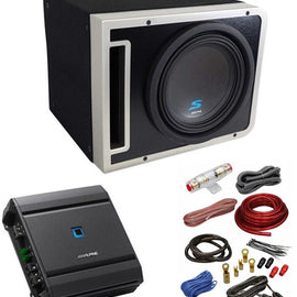 Alpine S-SB10V S-A60M KIT4<br/>S-SB10V 10" 600w S-W10D4 Subwoofer+Ported Sub Enclosure Box+Alpine S-A60M Amp + 4 Gauge Amp Kit