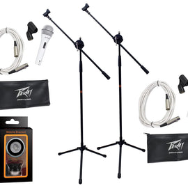 (2) Peavey Pvi2 White Microphone w/Mic Clip & Carrying Bag + (2) Mr. Dj Microphone Stand Series + (2) 20 Feet XLR to XLR White Cable