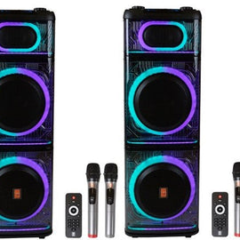 2 MR DJ BEVERLY HILLS 55000W Dual 12” Bluetooth Rechargeable Party Speaker Ring Partylights 2 Wireless Mic TWS Portable DJ PA System