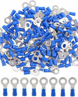 100 Pieces 14 - 16 Gauge 1/4" Vinyl Blue Ring Terminal Connectors Secure
