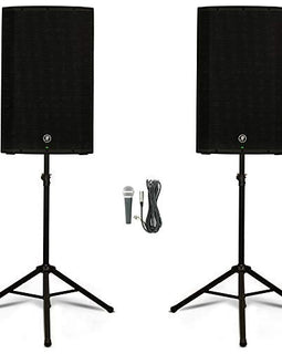 2 Mackie THUMP15A Powered 15" Loudspeaker Speaker with Mic and Stand DJ PA Set