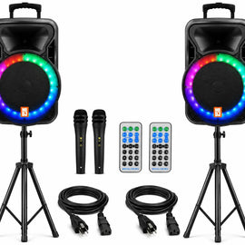 MR DJ PARTY PACK Pair 15" 4500W Powered PA DJ Speakers Active Speaker Stands MIC