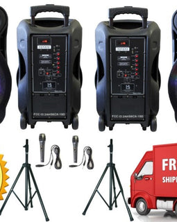 2 MR DJ DJ15-BTA 3000W Bluetooth PA DJ FM Radio Speaker Microphone, 2 Spk stands