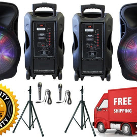 2 MR DJ DJ15-BTA 3000W Bluetooth PA DJ FM Radio Speaker Microphone, 2 Spk stands