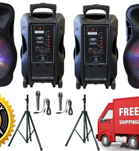2 MR DJ DJ15-BTA 3000W Bluetooth PA DJ FM Radio Speaker Microphone, 2 Spk stands