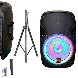 2 MR DJ PBX4200PKG 15" 2-Way PA DJ 3000W Active Powered Bluetooth Karaoke Speaker LED Lighting + Speaker Stand