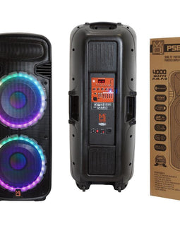 Pair of Dual 15" Portable Rechargeable 4000W Max Powered Active PA DJ Speaker with Built-In Bluetooth & LED Light