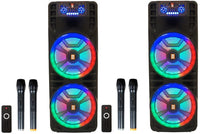 2 MR DJ NEWYORK 2.0 Dual 12” Rechargeable Bluetooth Party Speaker 4000W Portable PA System with Flame LED Lights 2 Wireless Microphones TWS Stereo USB FM Radio