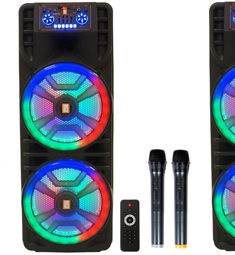 2 MR DJ NEWYORK 2.0 Dual 12” Rechargeable Bluetooth Party Speaker 4000W Portable PA System with Flame LED Lights 2 Wireless Microphones TWS Stereo USB FM Radio